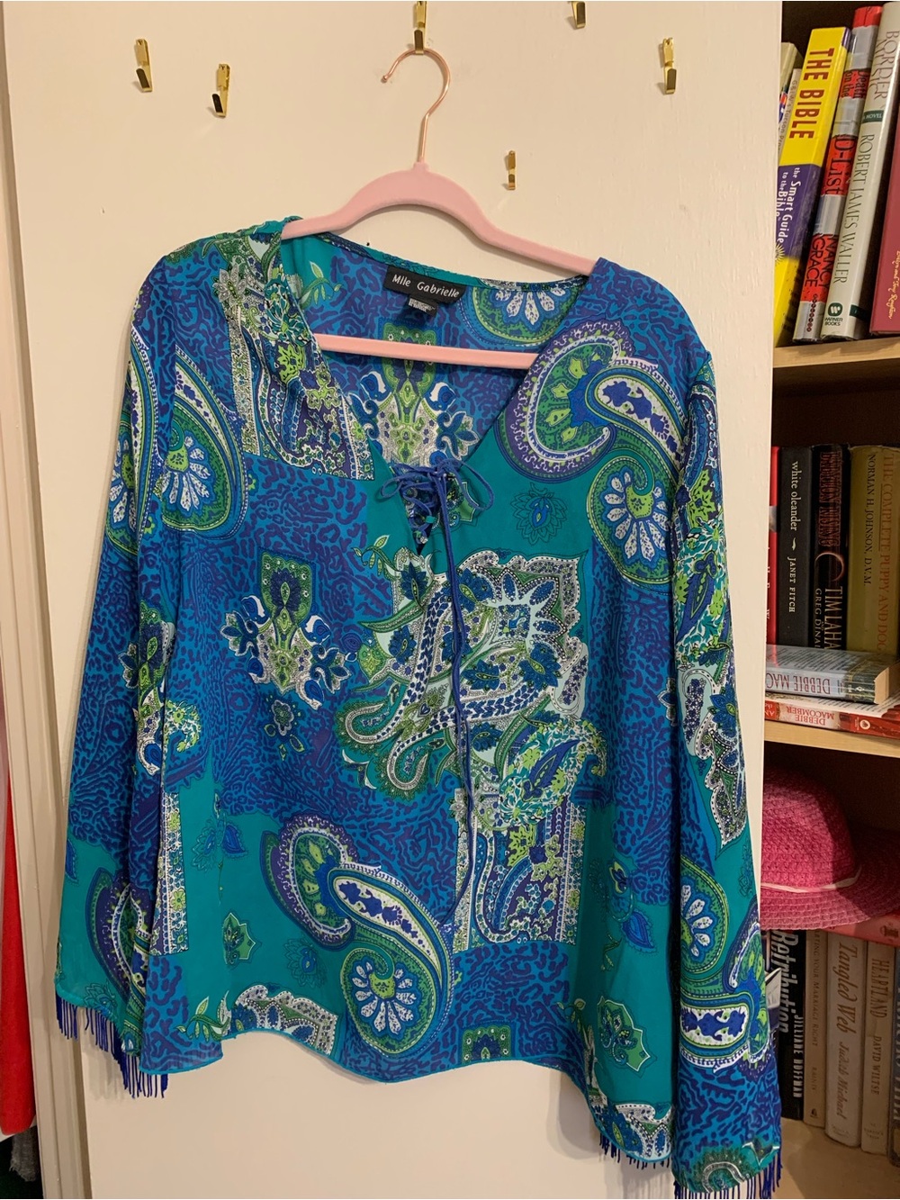 Mlle Gabrielle Teal, Blue & Green Paisley Lace-Up Blouse